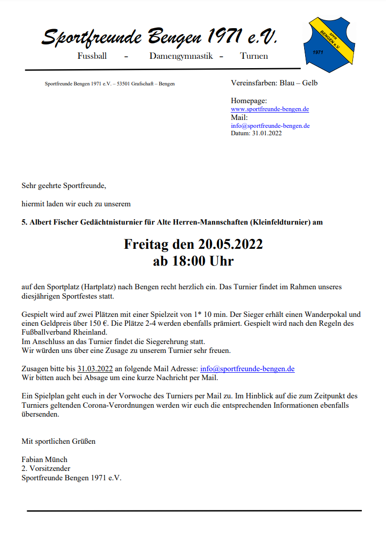 Einladung zum AH Turnier im Rahmen des Sportfestes 2022 der Spfr.Bengen